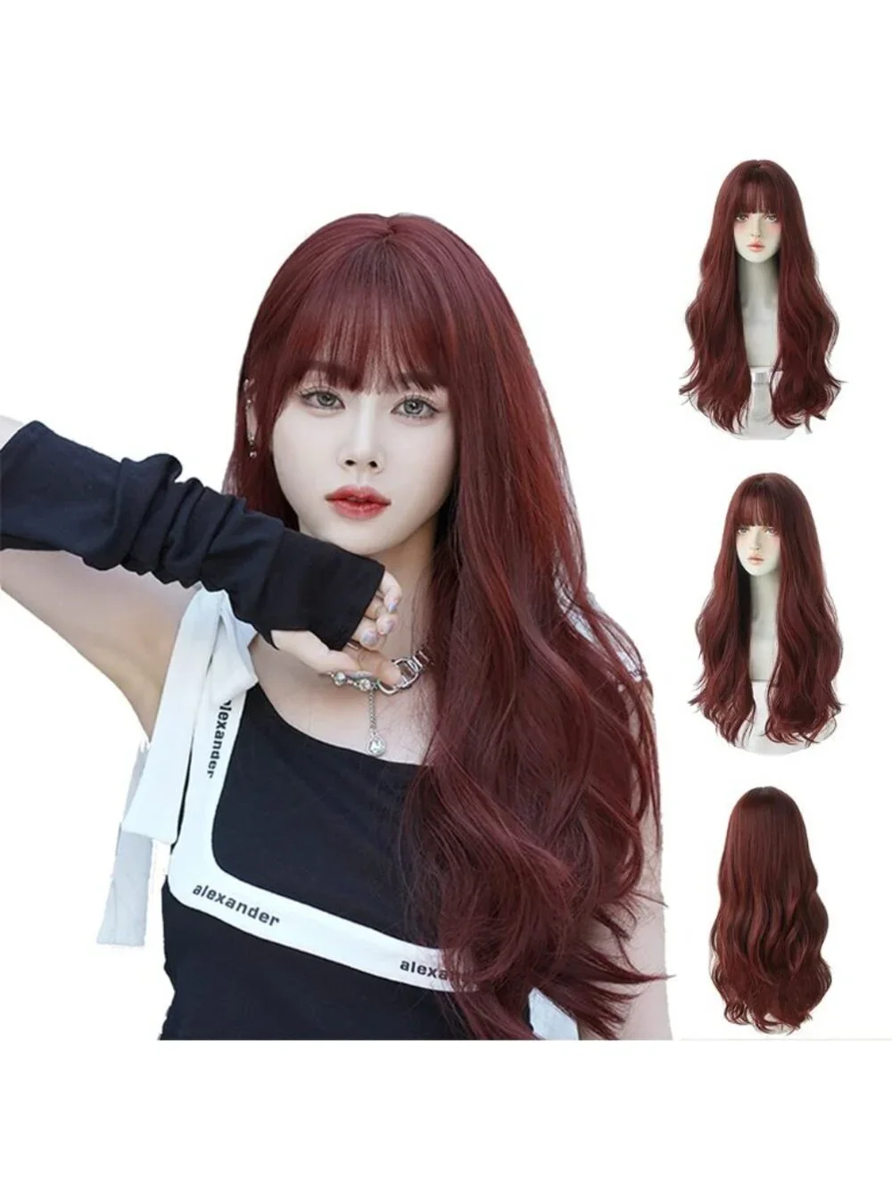 Women's Wine Red Heat Resistant Synthetic Fiber Long Straight Wigs Bangs